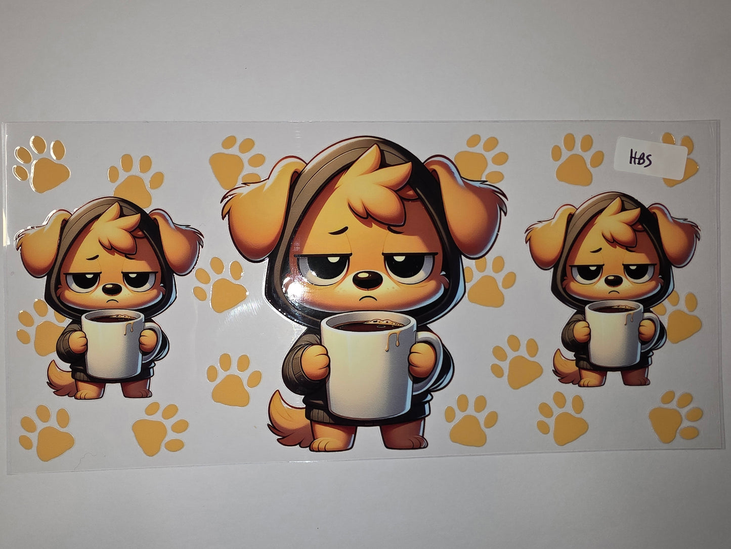 Cute Dog with Coffee Tumbler Wrap - Kawaii Puppy Design, Yellow Paw Prints