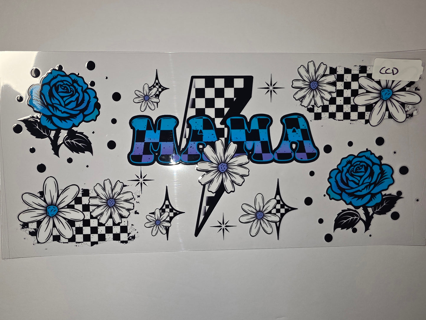 Retro Mama Tumbler Wrap - Blue Roses, Daisies & Checkerboard Pattern