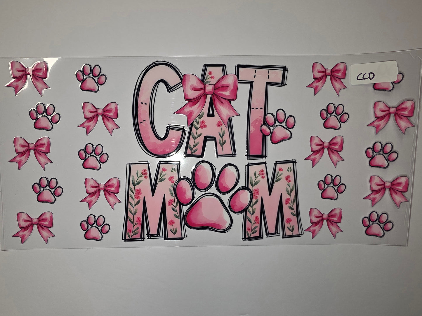 Pink Floral "Cat Mom" Tumbler Wrap with Bows & Paw Prints - Sublimation Design