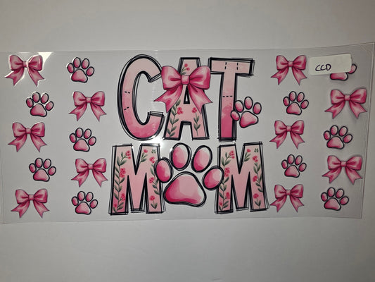 Pink Floral "Cat Mom" Tumbler Wrap with Bows & Paw Prints - Cute Pet Lover Design