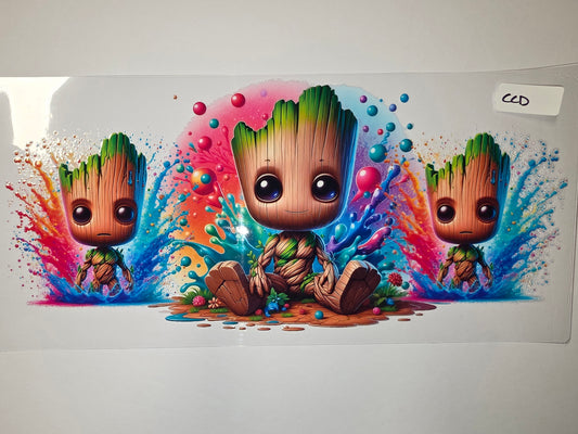 Cute Baby Groot Tumbler Wrap - Vibrant Splatter & Bubbles Design