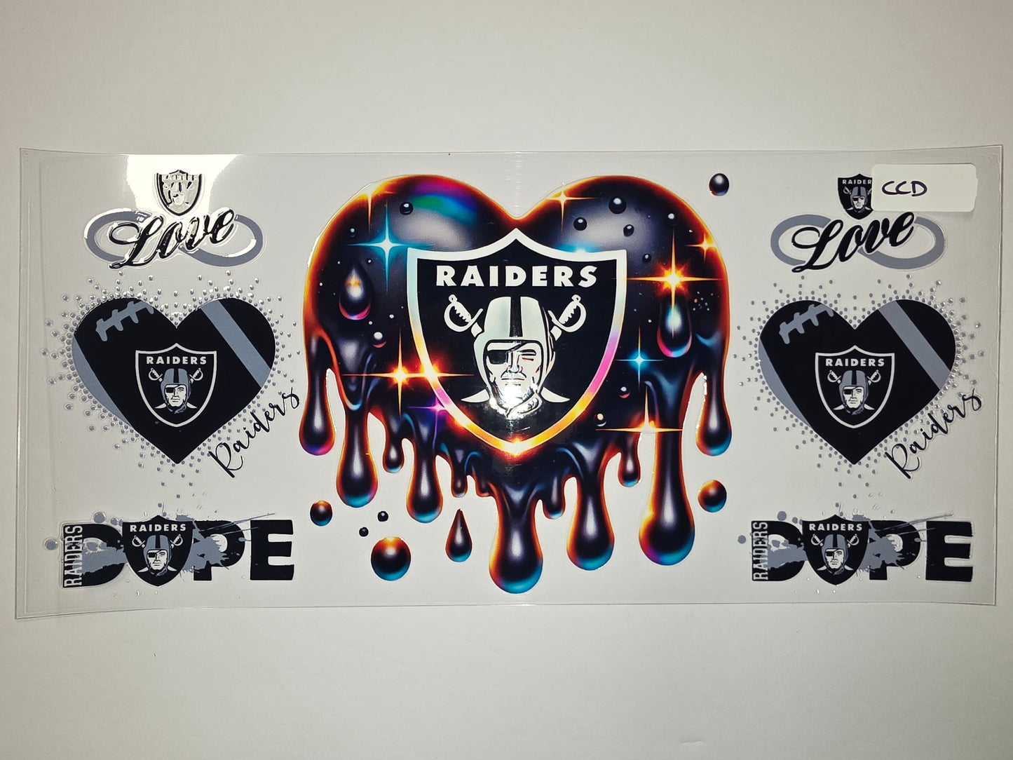 Raiders Drip Heart Tumbler Wrap - Black, Silver, Rainbow - Football Fan Drinkware