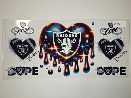 Raiders Drip Heart Tumbler Wrap - Black, Silver, Rainbow - Football Fan Drinkware