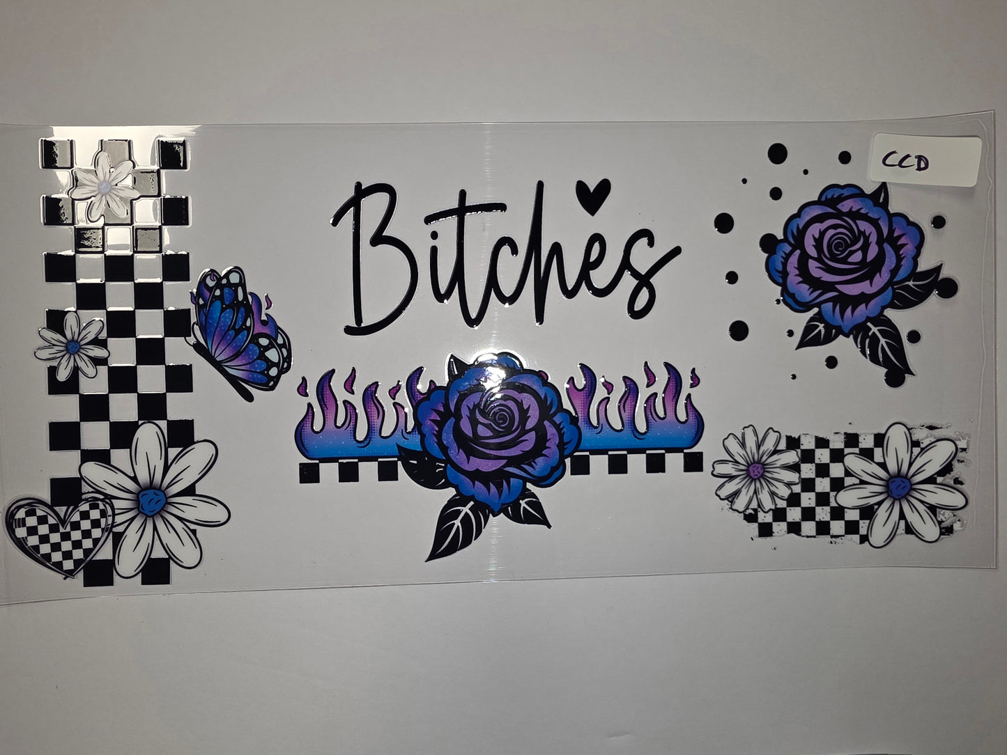 Edgy Rose & Butterfly Tumbler Wrap | Black & White Checkered, Purple & Blue Flames