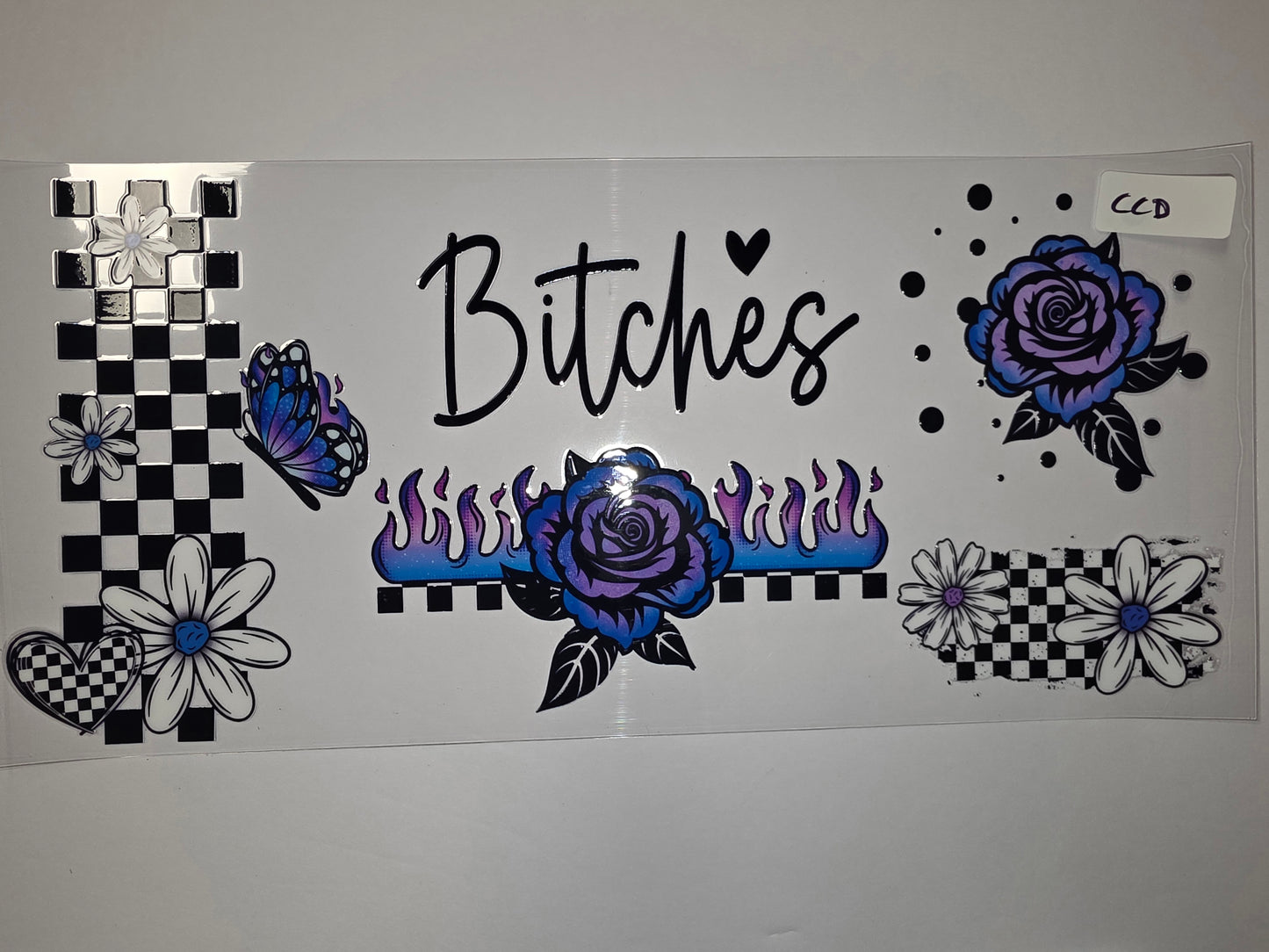 Gothic Rose & Checkerboard Tumbler Wrap | Blue Purple Flames & Daisies | Edgy Drinkware Design