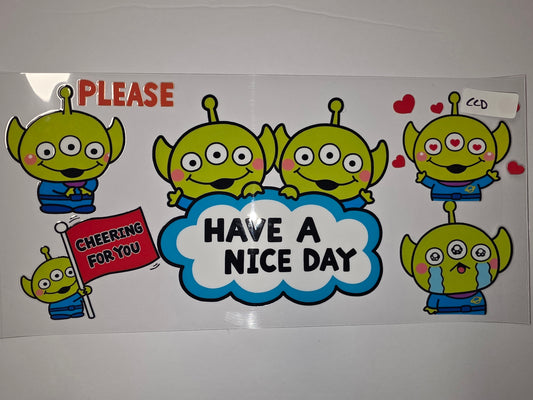 Cute Alien "Have a Nice Day" Tumbler Wrap - Green, Blue, Red - Fun Drinkware Design