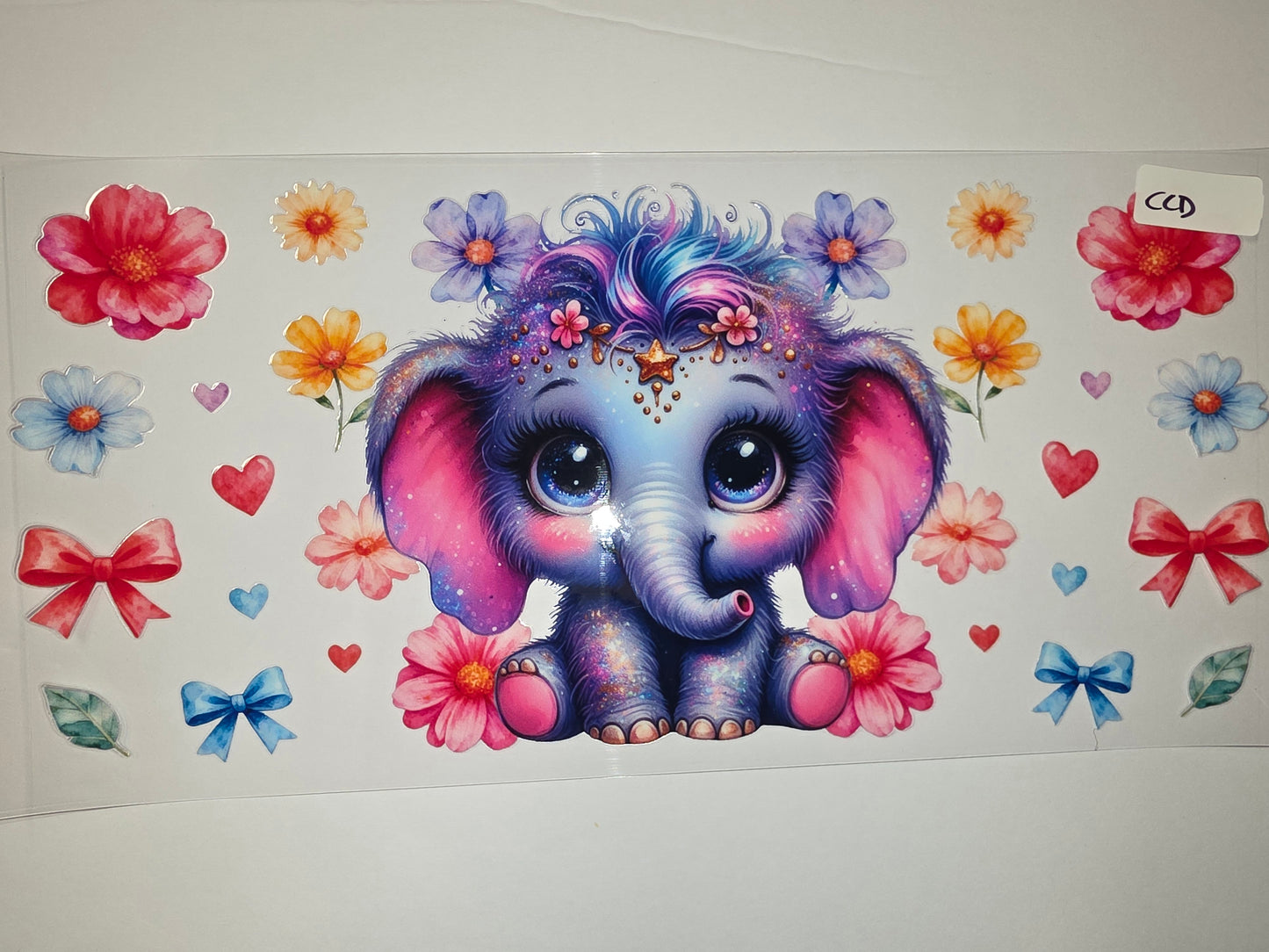 Sparkly Purple Elephant with Flowers Tumbler Wrap | Cute Baby Elephant Drinkware Design
