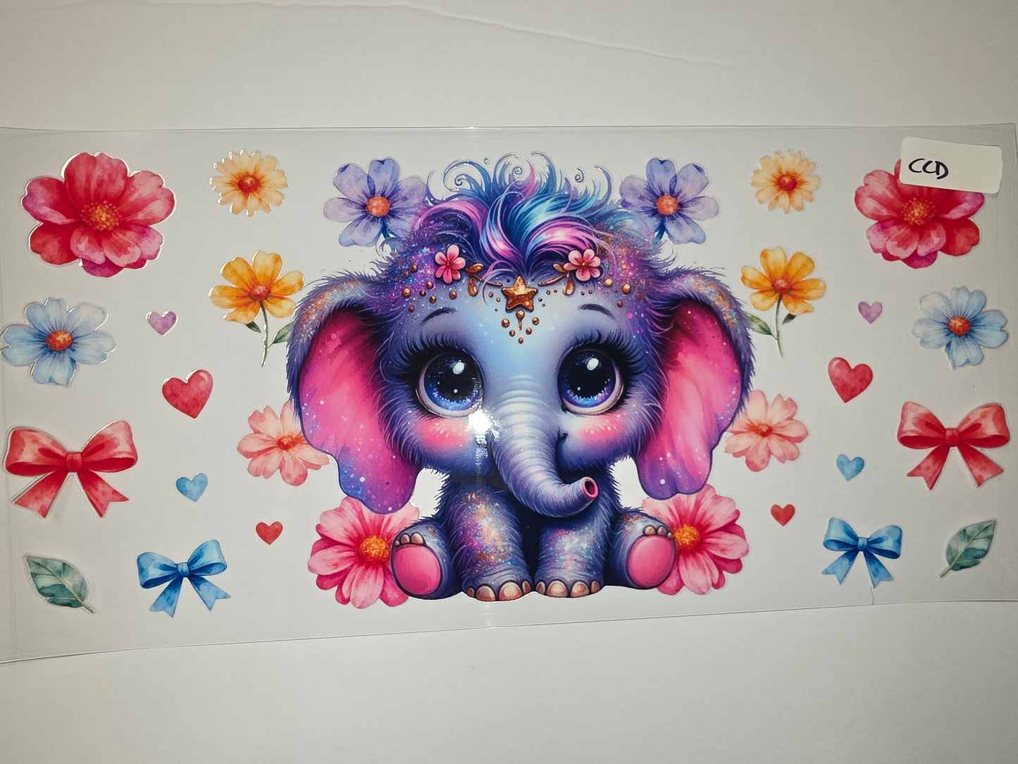 Sparkly Blue Elephant with Flowers Tumbler Wrap - Cute Watercolor Design