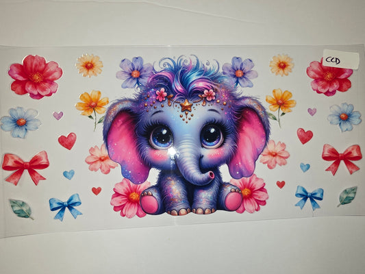 Sparkly Blue Elephant with Flowers Tumbler Wrap - Cute Watercolor Design