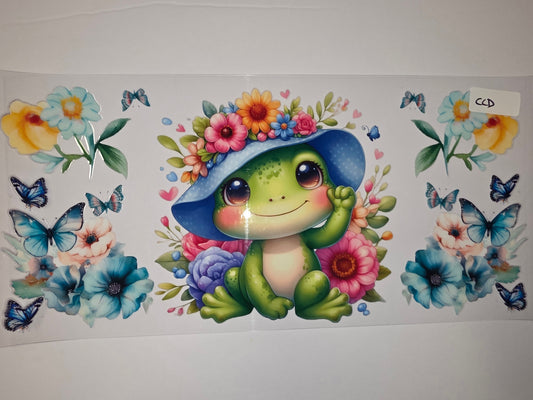 Cute Frog with Flowers & Butterflies Tumbler Wrap | Whimsical Garden Drinkware Design