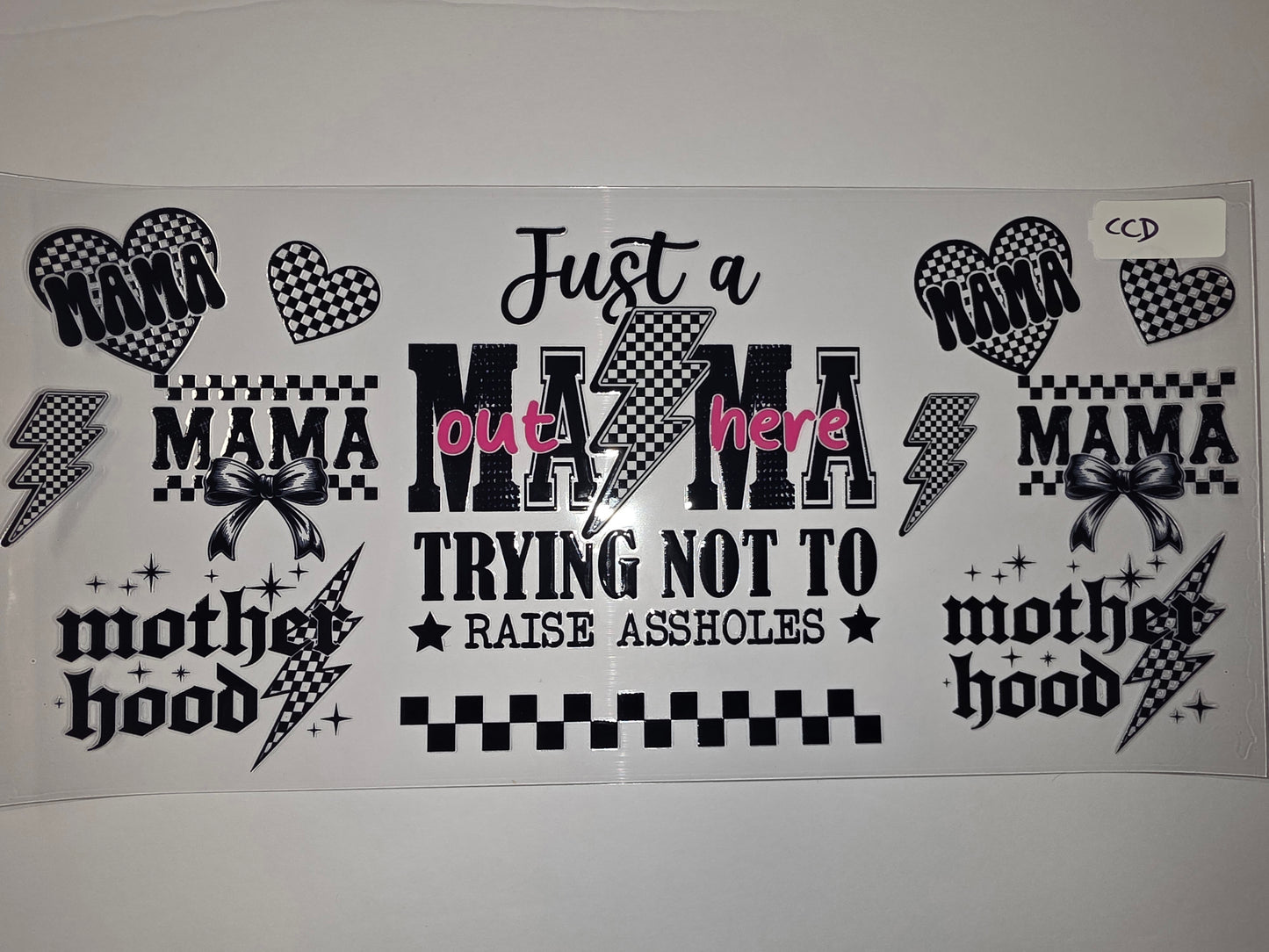 Mama Life Tumbler Wrap - Black & White Checkerboard, Lightning Bolt, Pink "out here"