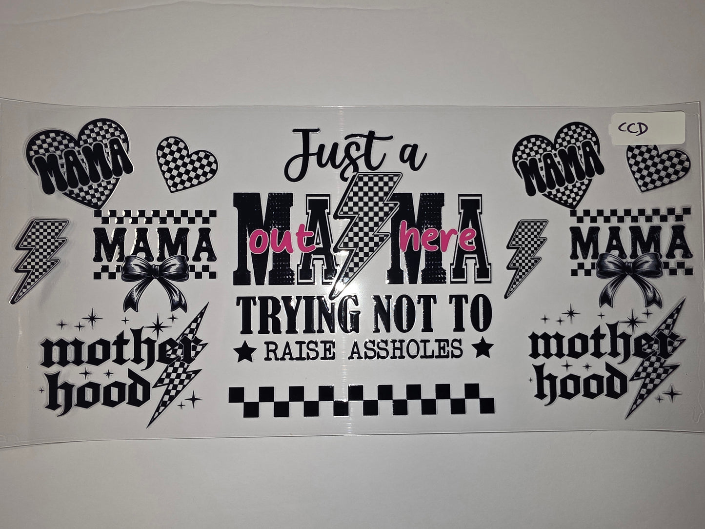 Black & White Mama Motherhood Tumbler Wrap | Checkered Hearts & Lightning Bolts