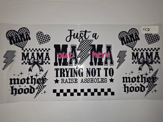 Black & White Mama Motherhood Tumbler Wrap | Checkered Hearts & Lightning Bolts