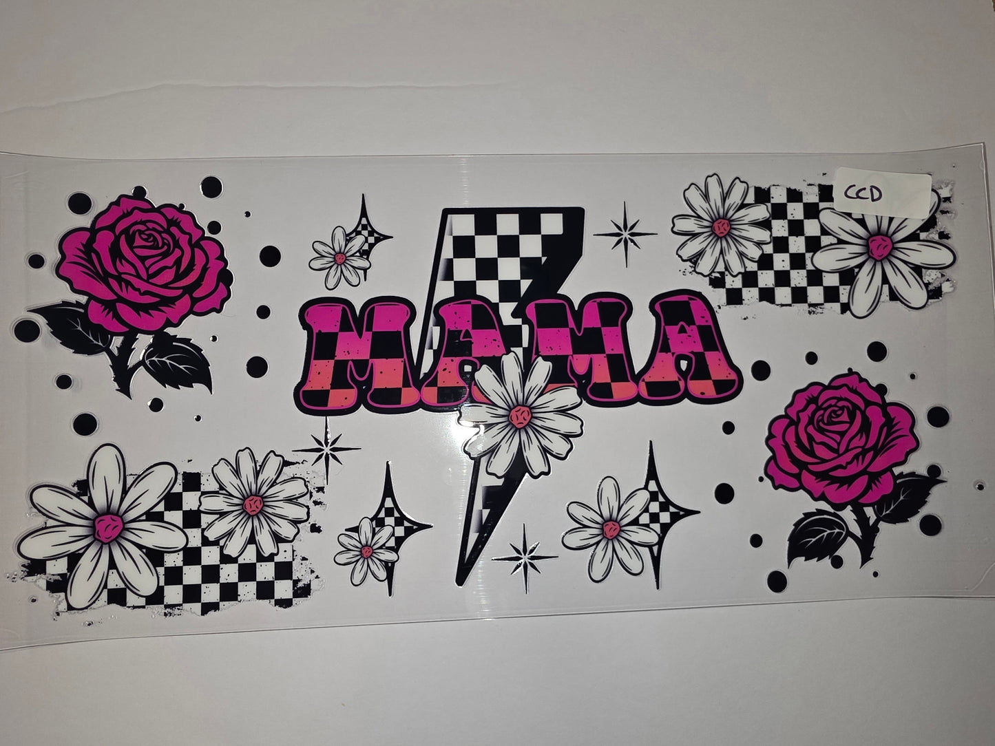 Retro "Mama" Tumbler Wrap - Pink Roses, Daisies & Checkerboard Design