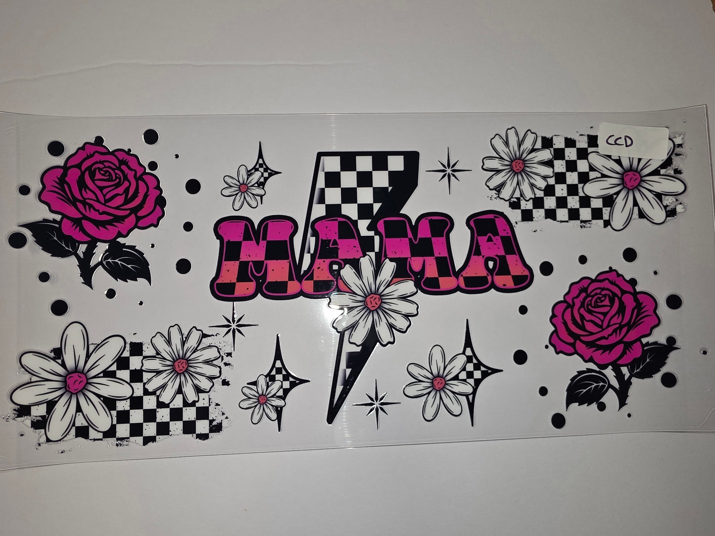 Retro Checkerboard Mama Tumbler Wrap | Pink Roses & Daisies | Sublimation Design