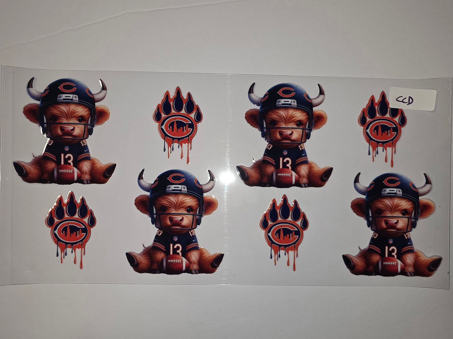 Cute Highland Cow Football Player Tumbler Wrap | Chicago Bears Fan Design | Navy, Orange, White