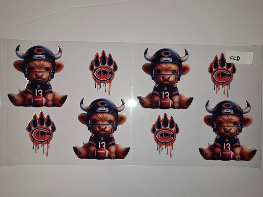 Cute Highland Cow Football Player Tumbler Wrap | Chicago Bears Fan Design | Navy, Orange, White