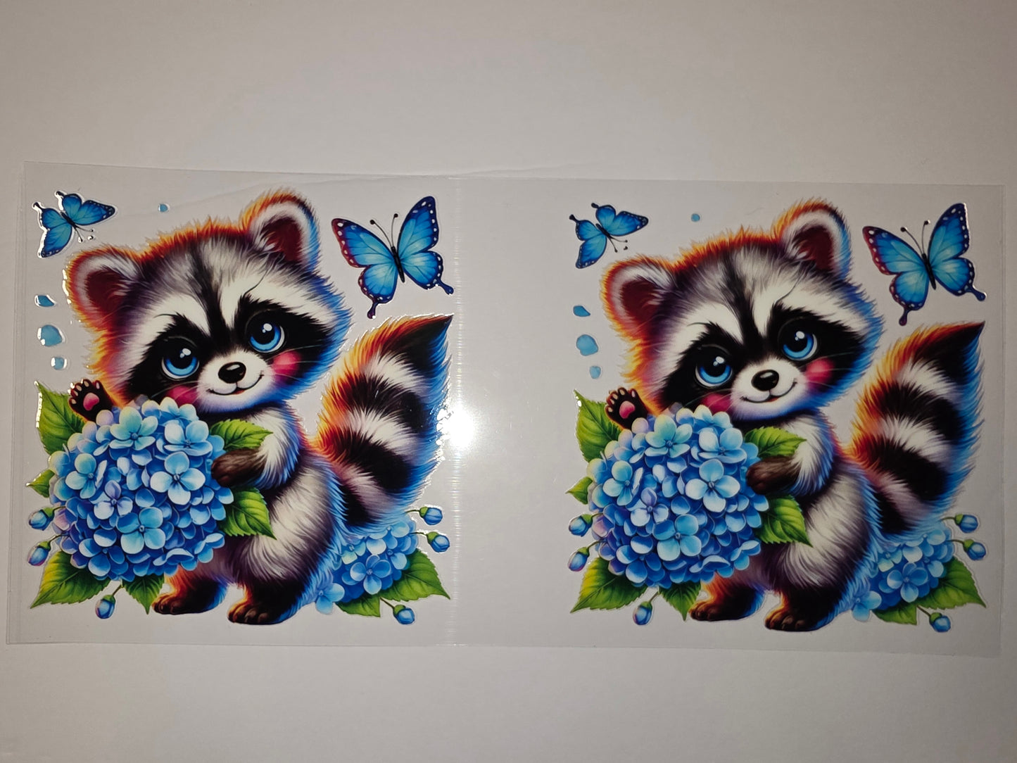 Cute Raccoon with Blue Hydrangeas and Butterflies Tumbler Wrap | Adorable Animal Drinkware Design