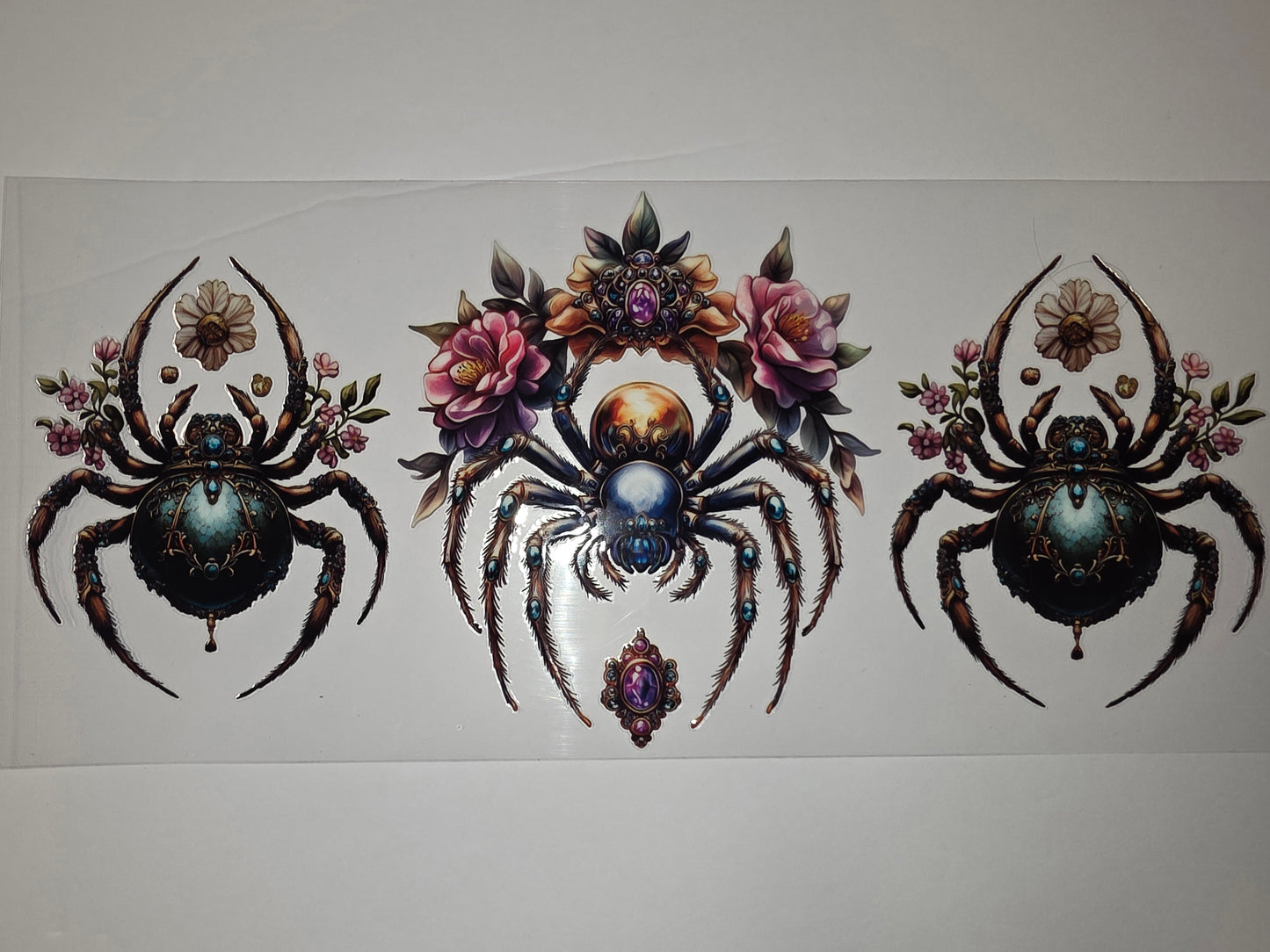 Gothic Spider & Floral Tumbler Wrap - Dark Teal, Pink, Purple Gems