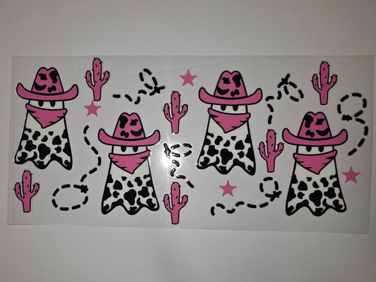 Pink Cowboy Ghost Tumbler Wrap | Cow Print & Cactus Design | Western Halloween Drinkware Decal