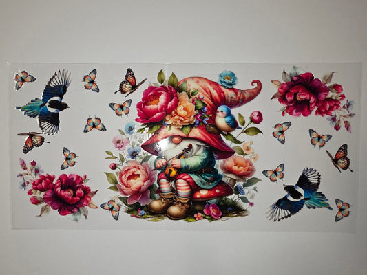 Whimsical Gnome & Flowers Tumbler Wrap | Butterflies & Birds Design | Vibrant Floral Drinkware Decal