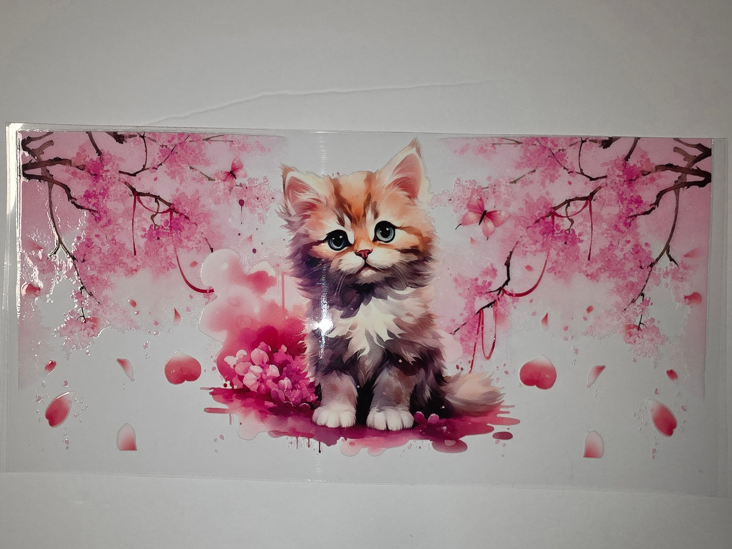 Cute Fluffy Kitten Cherry Blossom Tumbler Wrap - Pink Floral Butterfly Design