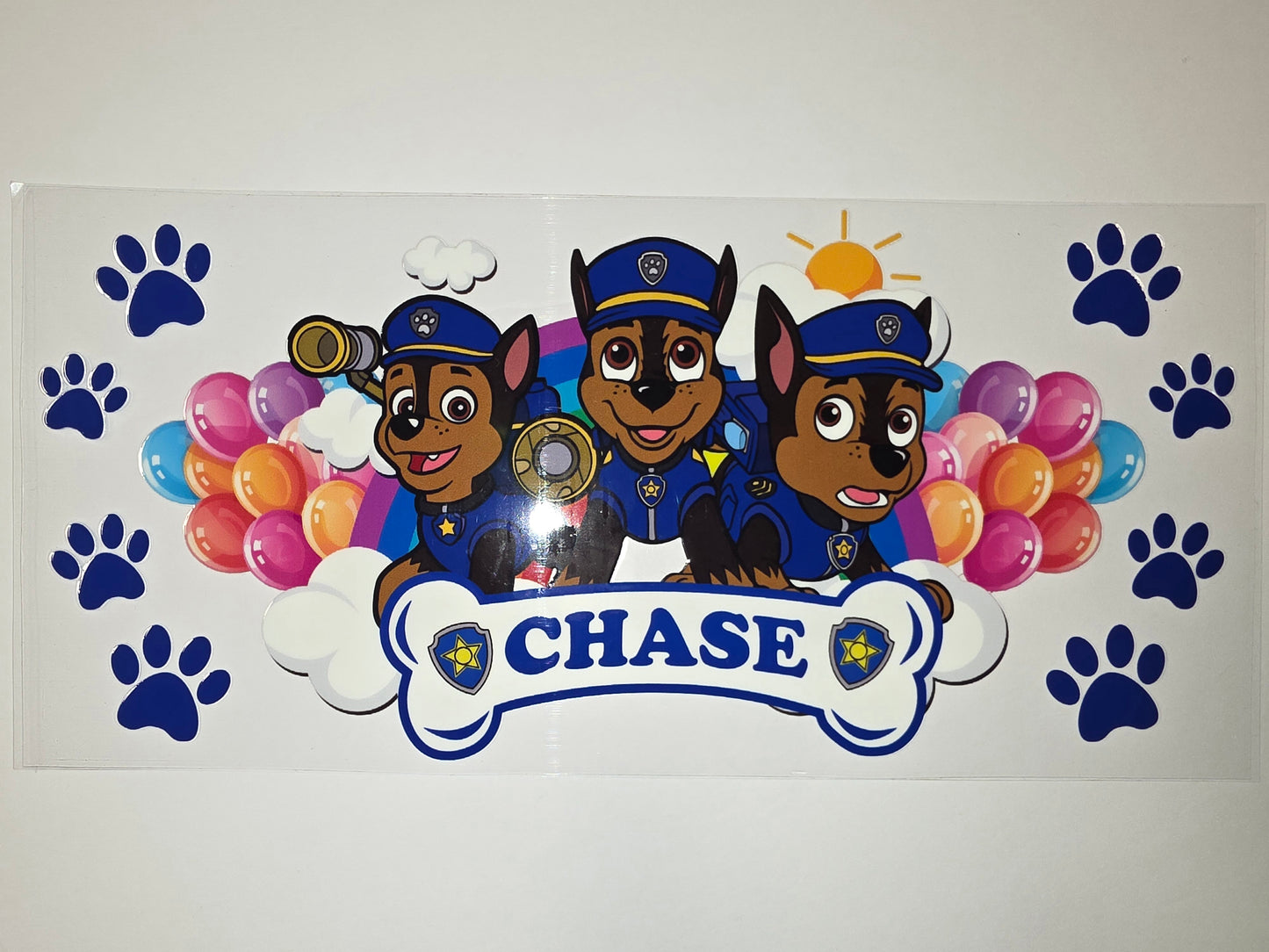 Chase Paw Patrol Tumbler Wrap - Blue, Yellow, Rainbow Balloons & Paw Prints
