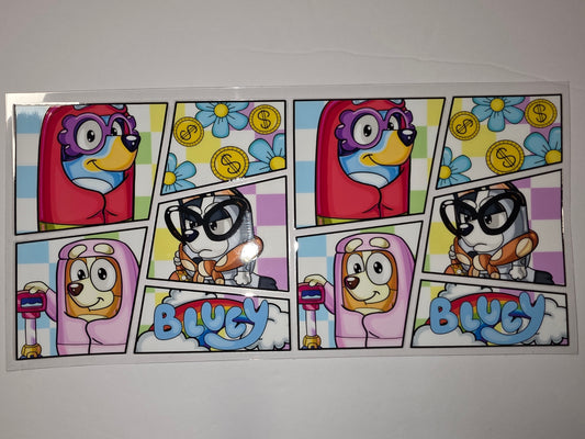 Bluey & Bingo Comic Style Tumbler Wrap - Pink, Blue, Yellow, Green, Purple