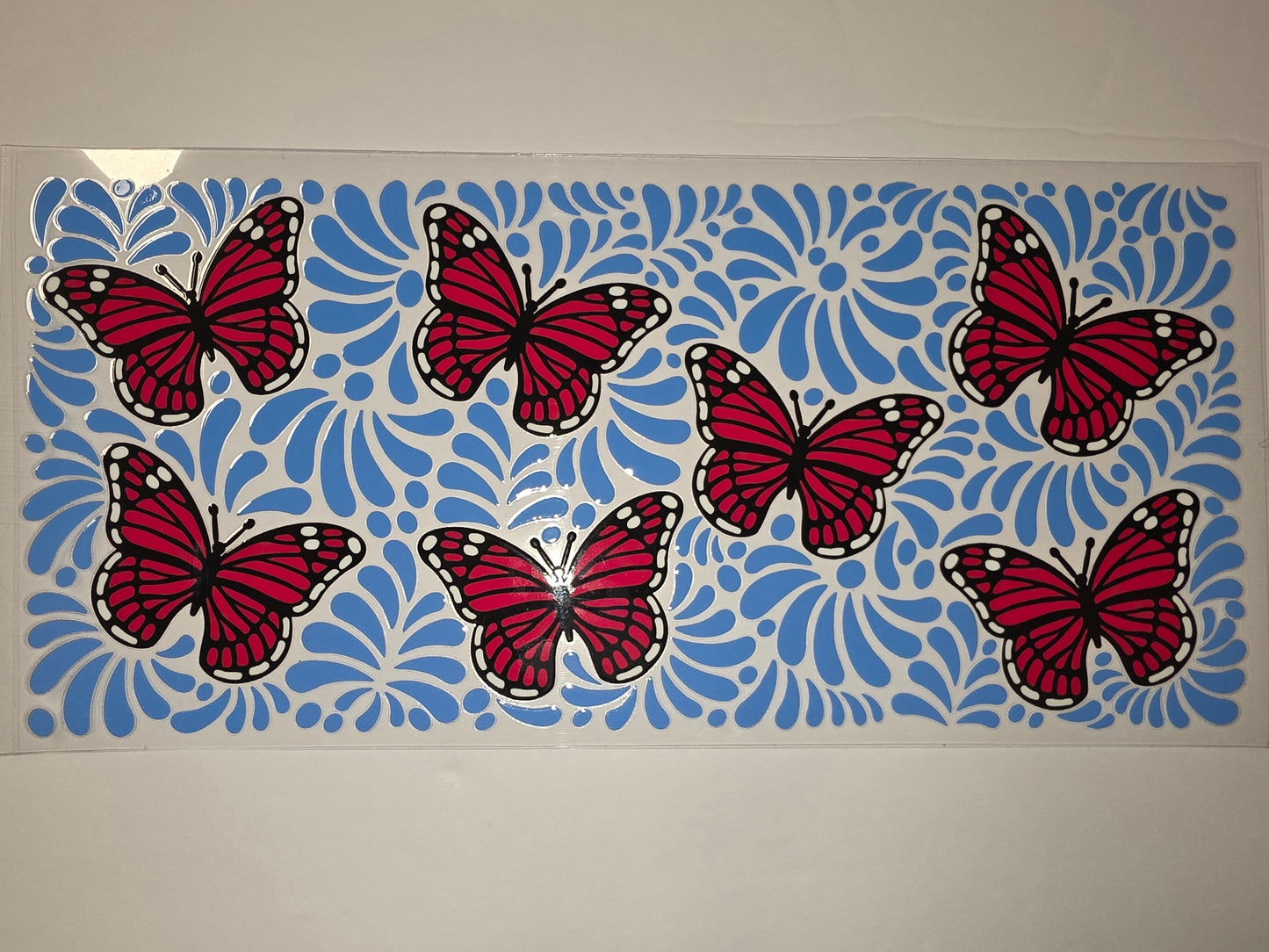 Red Monarch Butterfly Tumbler Wrap - Blue Floral Pattern