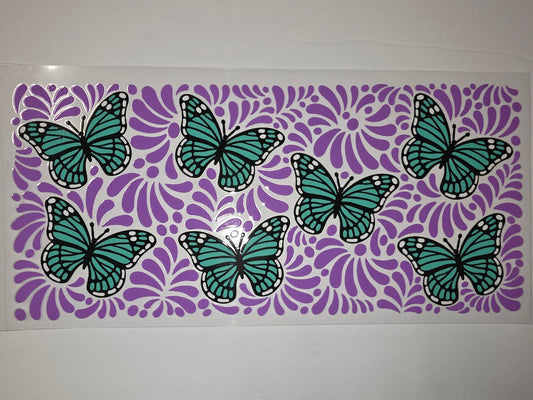 Teal Butterfly & Purple Floral Tumbler Wrap | Butterfly Drinkware Design