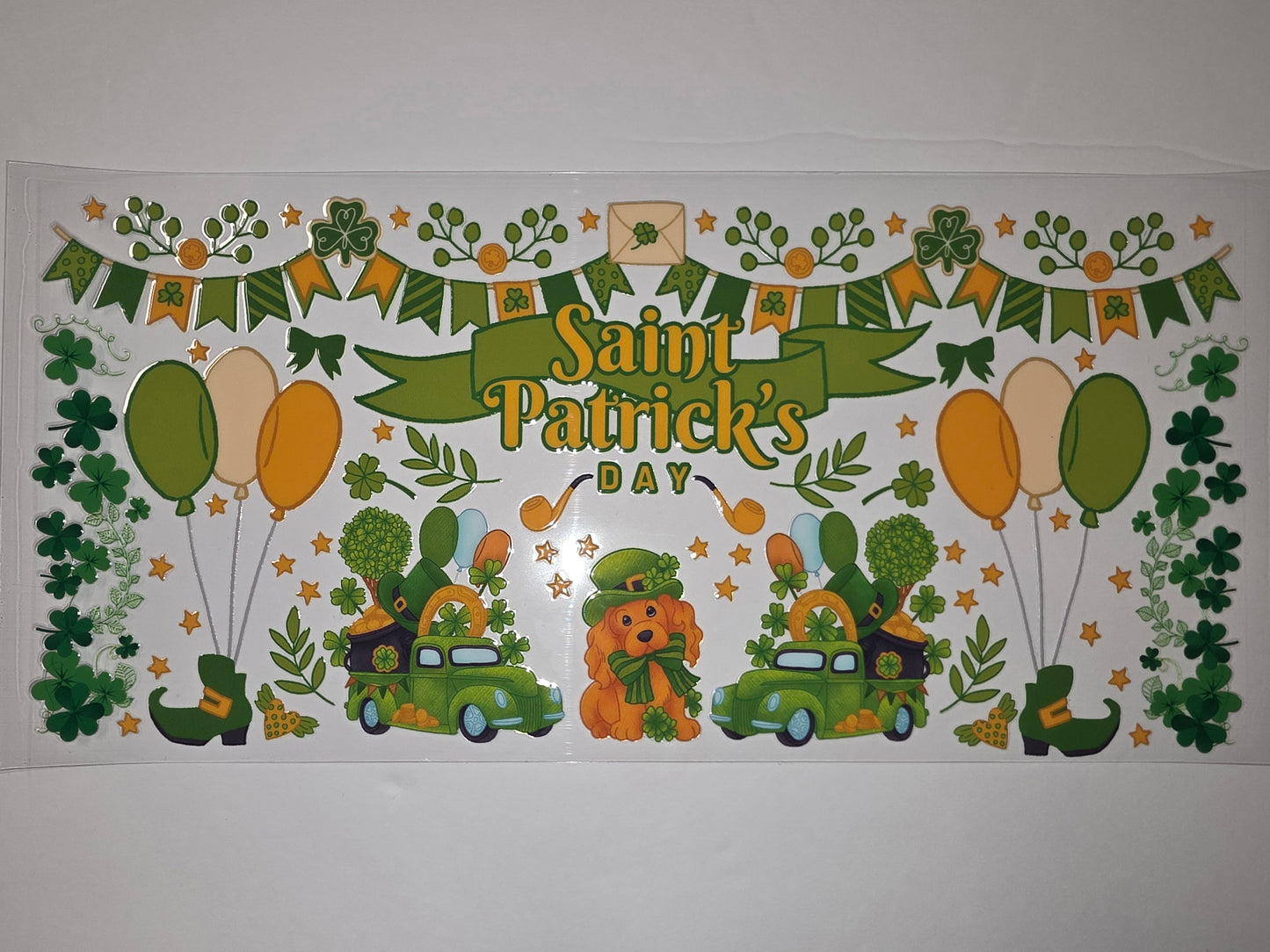 Saint Patrick's Day Tumbler Wrap - Green & Gold Shamrocks, Trucks, Dog & Balloons