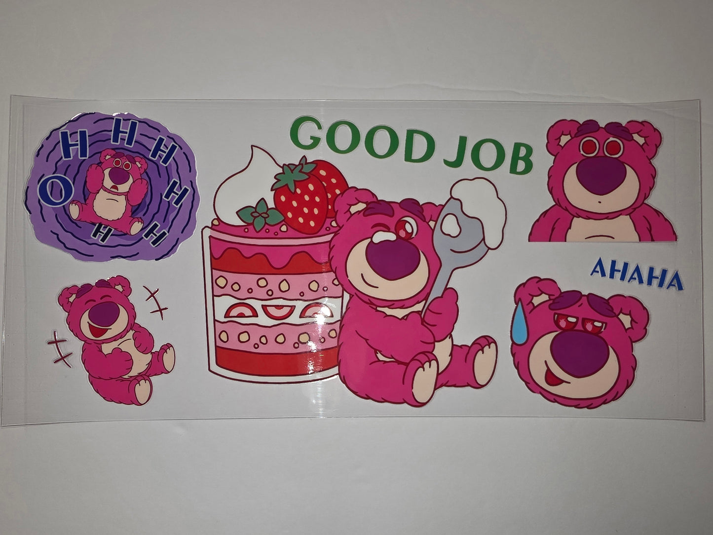Cute Pink Bear Tumbler Wrap | Strawberry Cake & "Good Job" Design | Fun Drinkware Decal