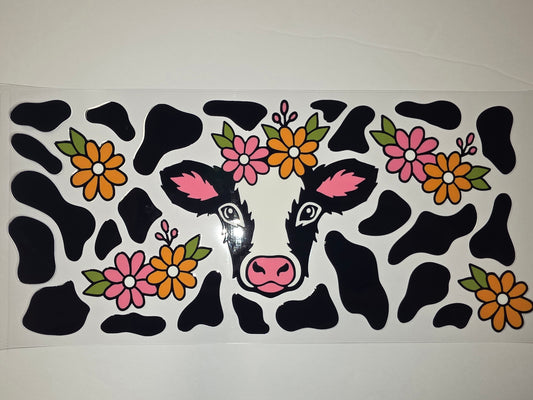 Cute Floral Cow Tumbler Wrap - Black & White Holstein with Pink & Orange Flowers