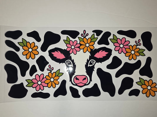Cute Cow Floral Tumbler Wrap - Black White Pink Orange Flower Design