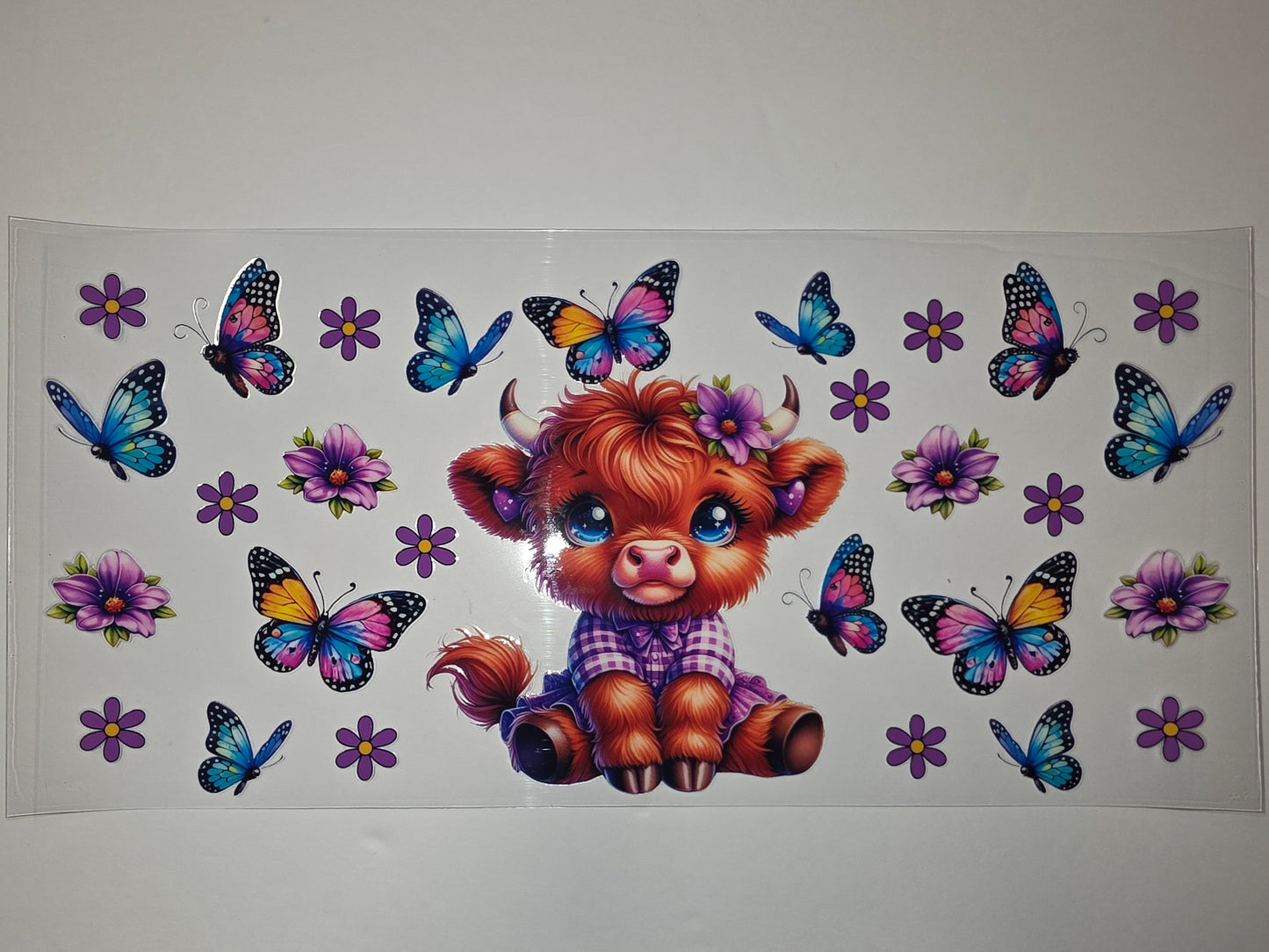 Cute Highland Cow & Butterfly Tumbler Wrap - Pink, Purple, Blue, Orange