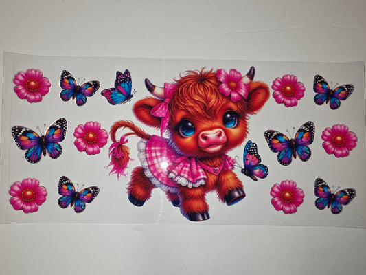 Cute Highland Cow & Butterfly Tumbler Wrap | Pink Floral & Blue Butterfly Design