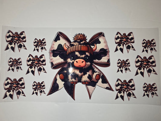 Cute Cow Bow Tumbler Wrap - Black & White Holstein Design with Beanie
