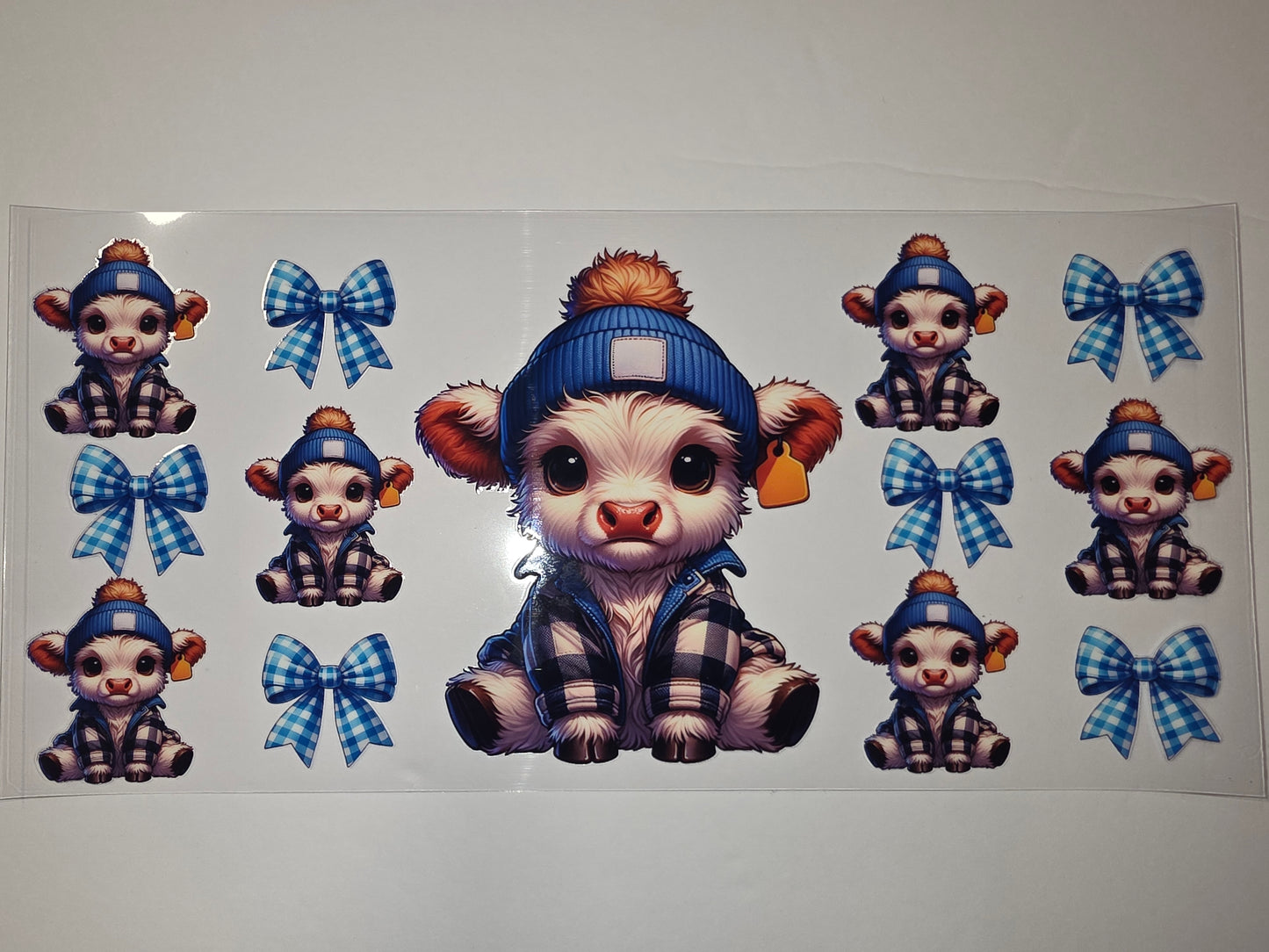 Cute Highland Cow Tumbler Wrap - Blue Plaid & Gingham Bows - Adorable Farm Animal Design