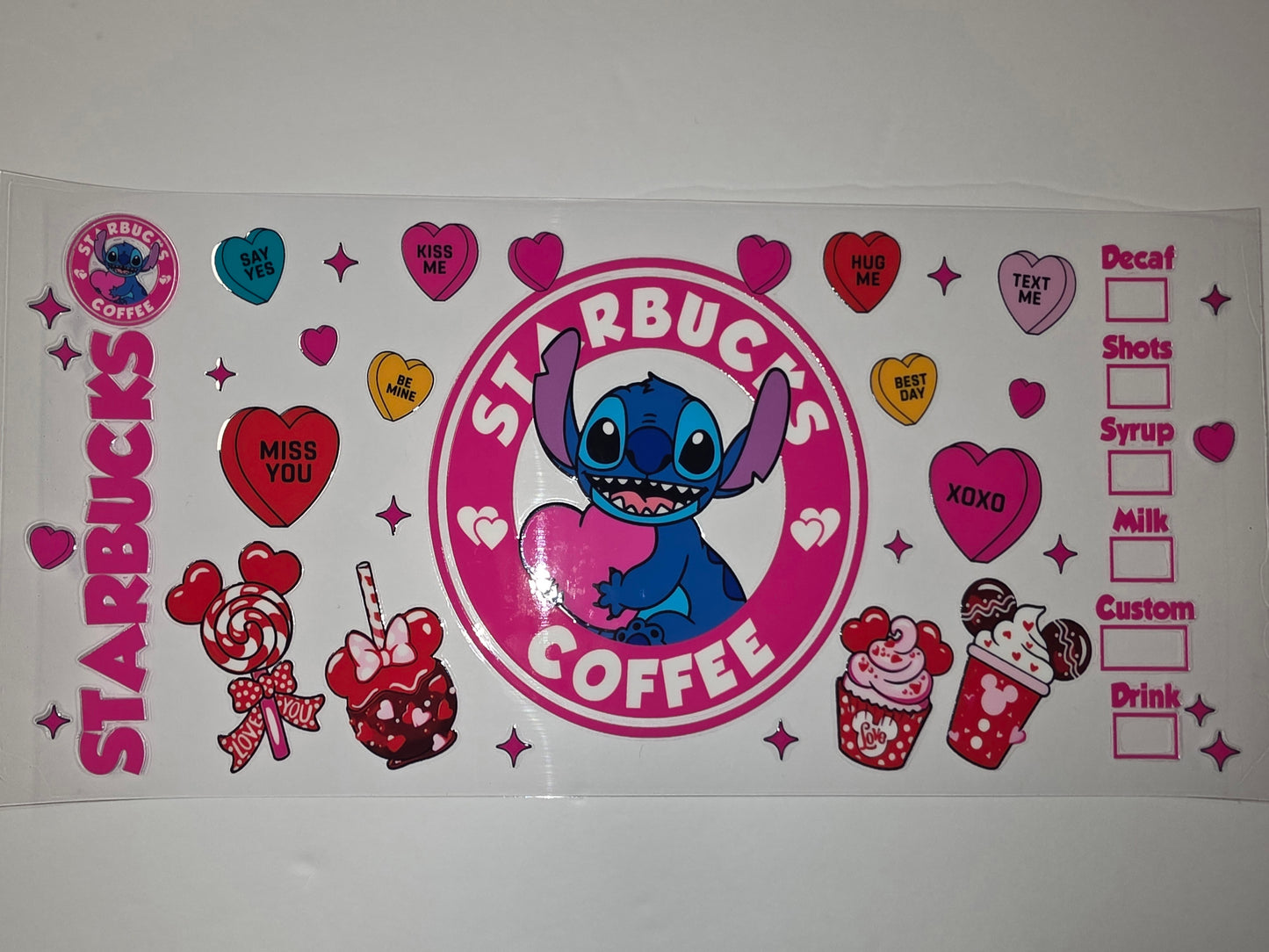 Cute Stitch Starbucks Valentine's Day Tumbler Wrap - Pink & Red Hearts, Coffee Cup Design