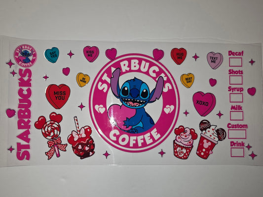 Cute Stitch Starbucks Valentine's Day Tumbler Wrap - Pink & Red Hearts, Coffee Cup Design