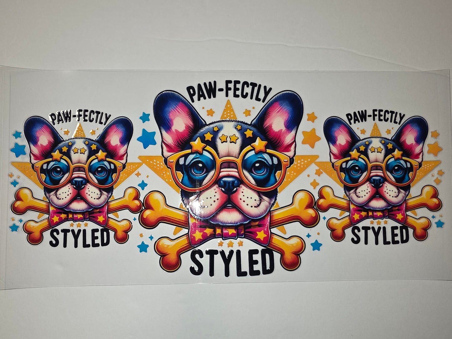 French Bulldog Tumbler Wrap - "Paw-fectly Styled" Design with Bones & Stars - Vibrant Colors