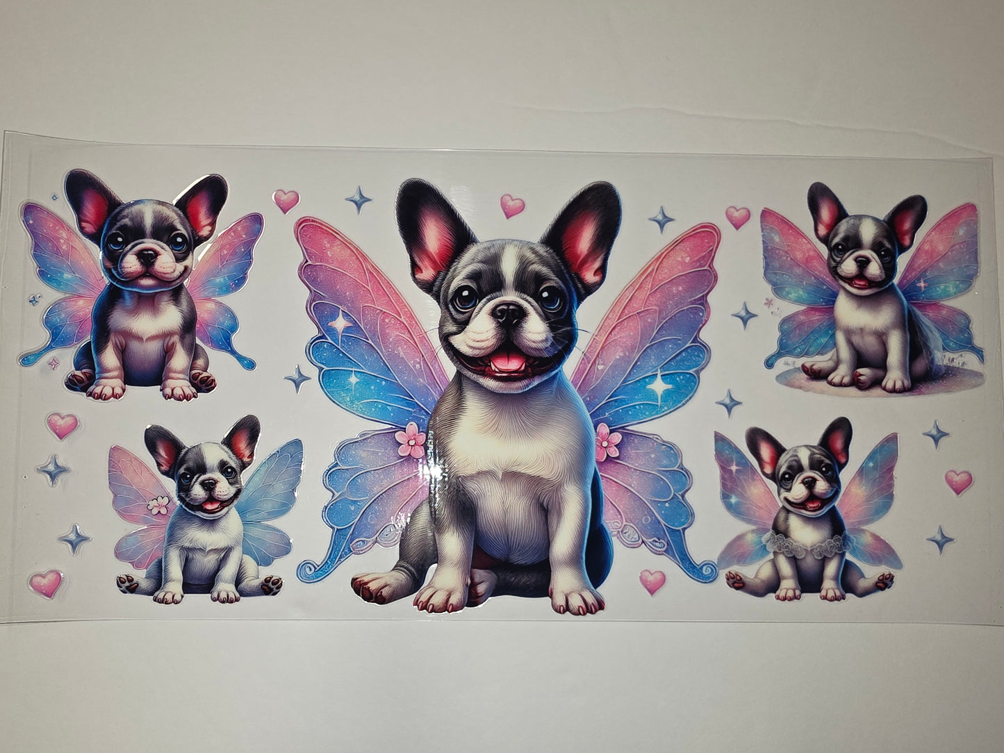 Fairy French Bulldog Tumbler Wrap - Whimsical Pink & Blue Butterfly Wings