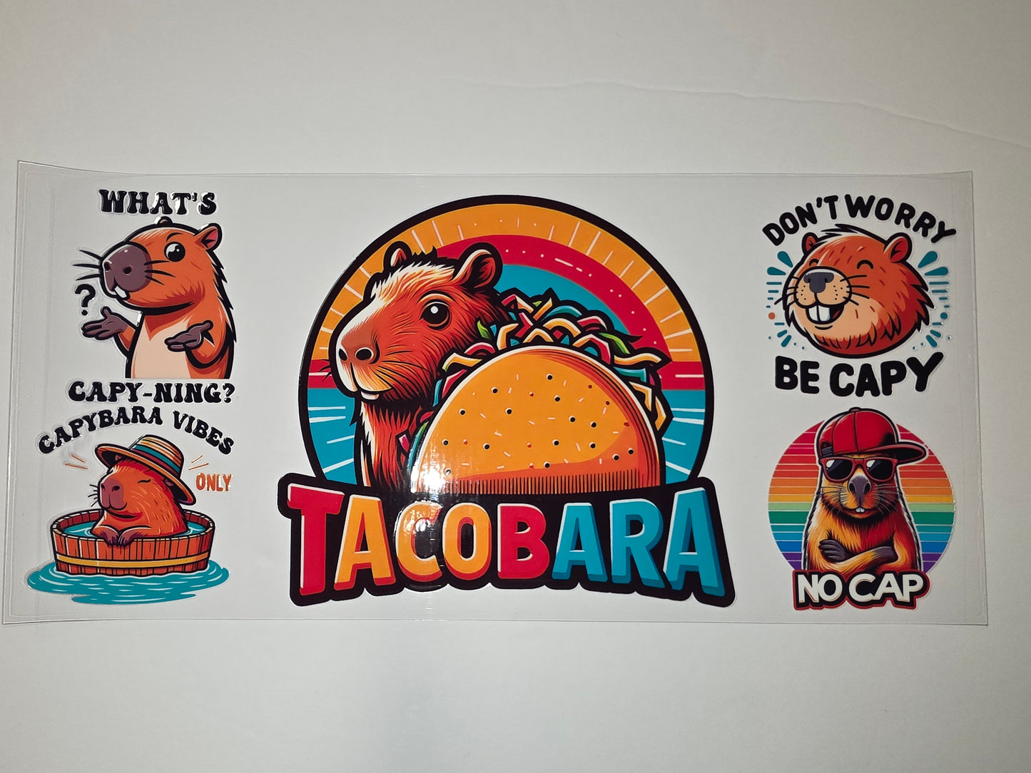 Capybara Taco Vibes Tumbler Wrap | Funny Animal Drinkware Design | "Tacobara" & "No Cap" Graphics