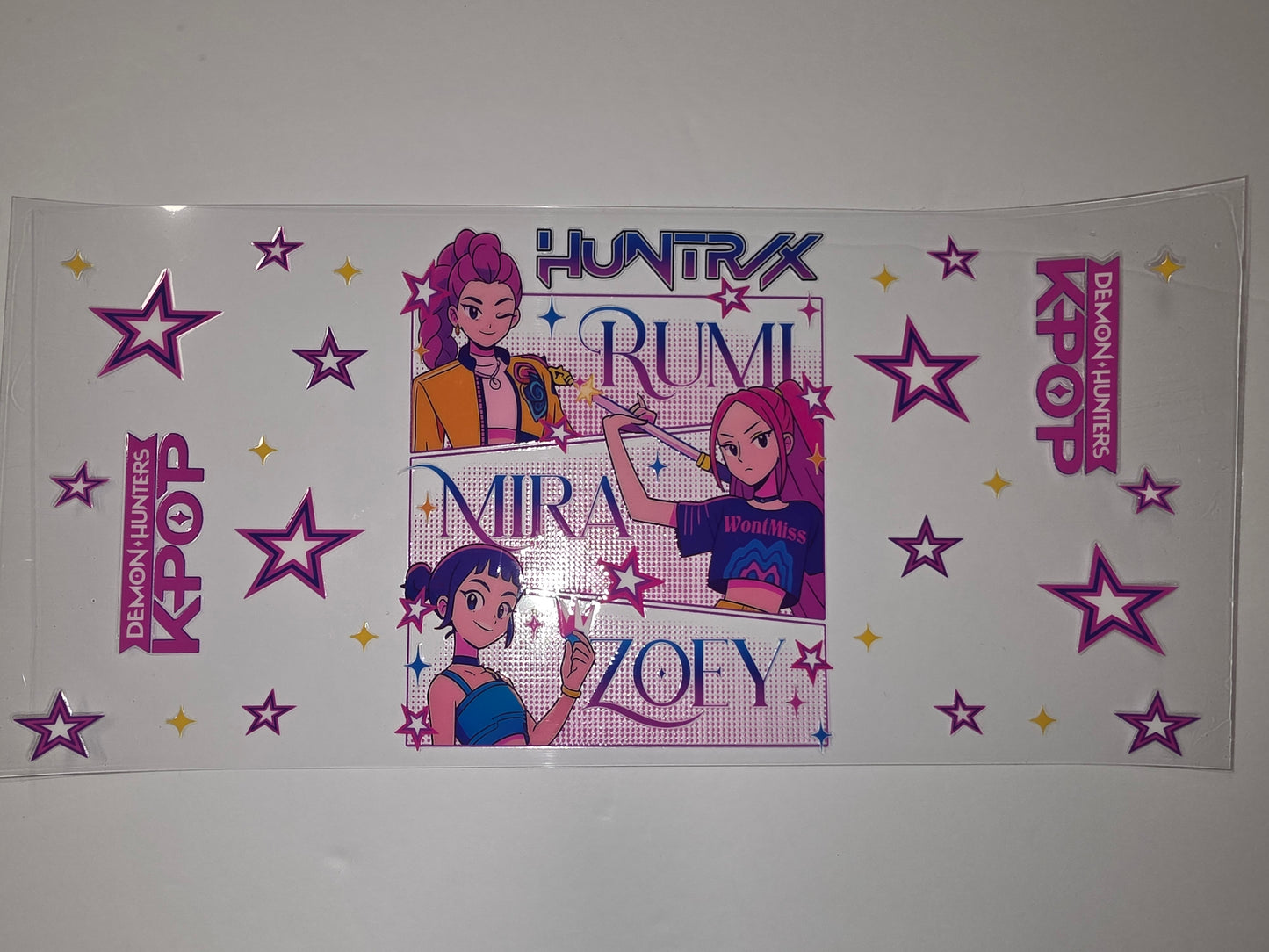 KPOP Demon Hunters Rumi Mira Zoey Tumbler Wrap - Pink Purple Stars Anime Style