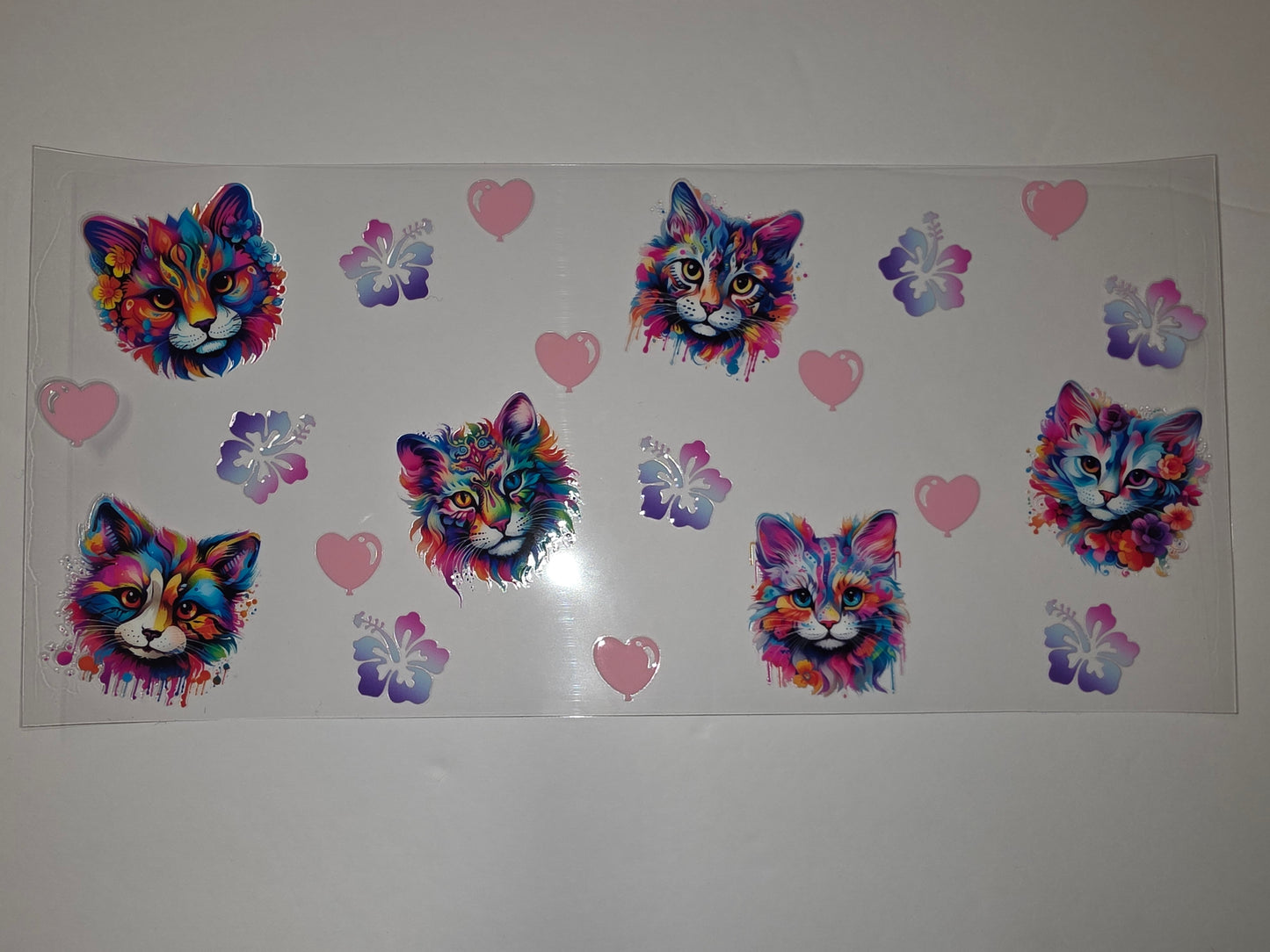 Vibrant Rainbow Cat Faces Tumbler Wrap - Floral & Heart Accents - Sublimation Design