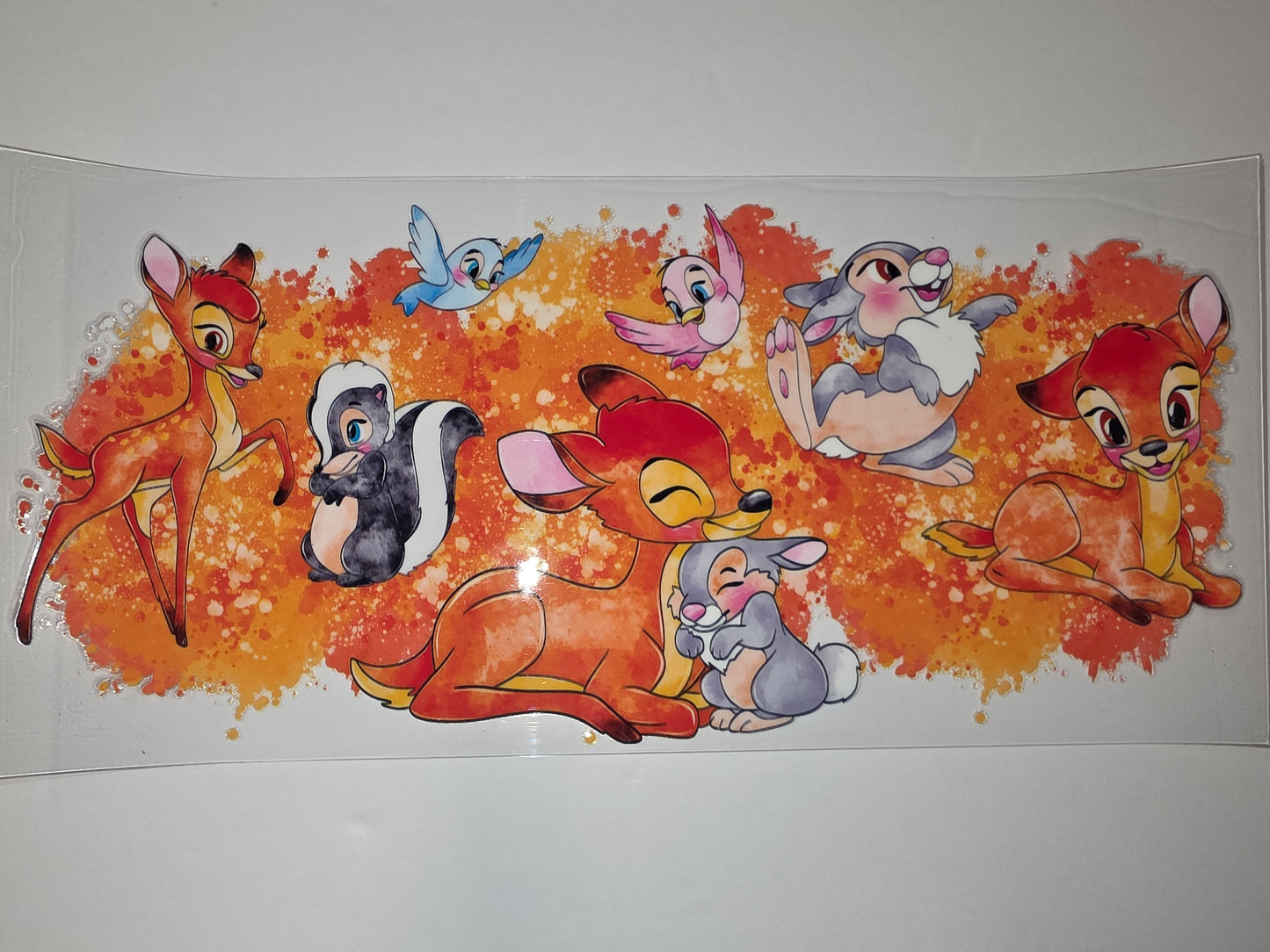Bambi Forest Friends Tumbler Wrap - Whimsical Deer, Bunnies, Skunk & Birds - Orange Splatter