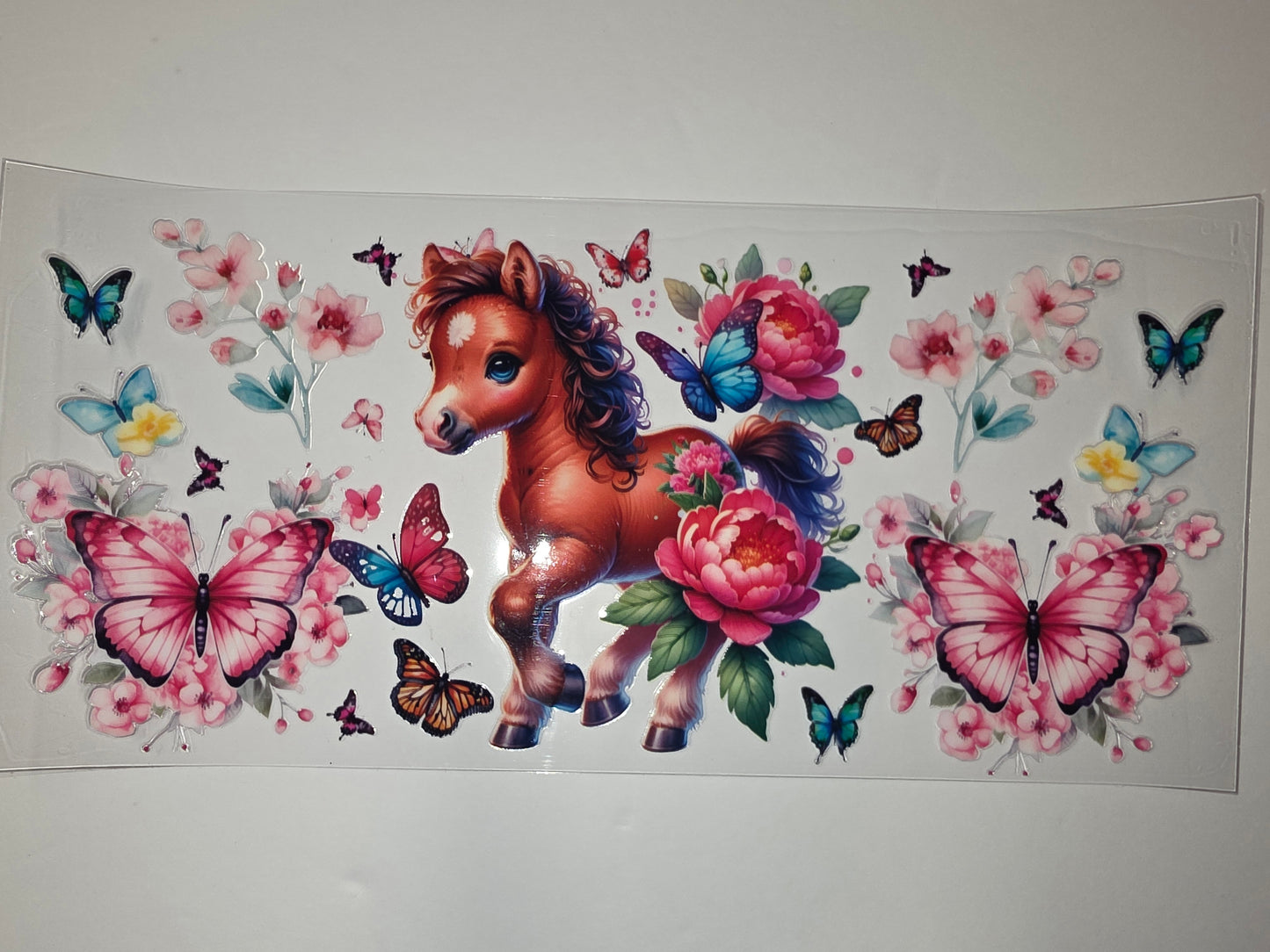 Cute Pony & Butterfly Tumbler Wrap | Pink Floral & Blue Butterfly Design