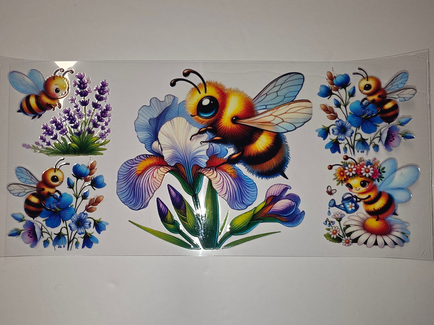 Cute Bee & Flower Tumbler Wrap - Sublimation Design with Irises, Lavender & Daisies