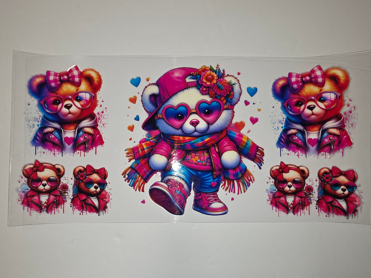 Cute Teddy Bear Tumbler Wrap - Pink, Blue, Rainbow Hearts & Flowers - Sublimation Design