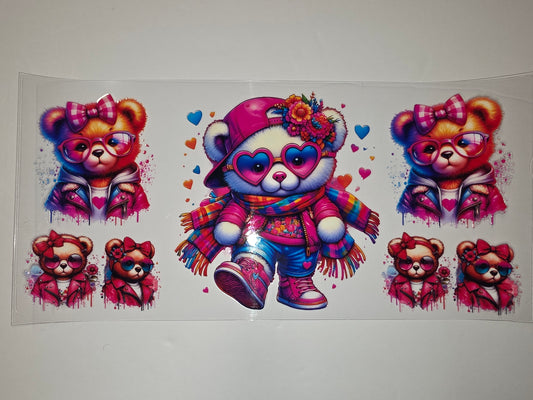 Cute Teddy Bear Tumbler Wrap - Pink, Blue, Rainbow Hearts & Flowers - Sublimation Design